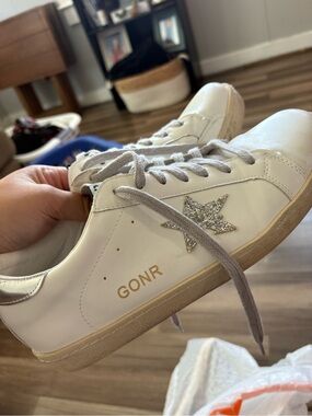 White Leather Sneakers with Silver Glitter Star